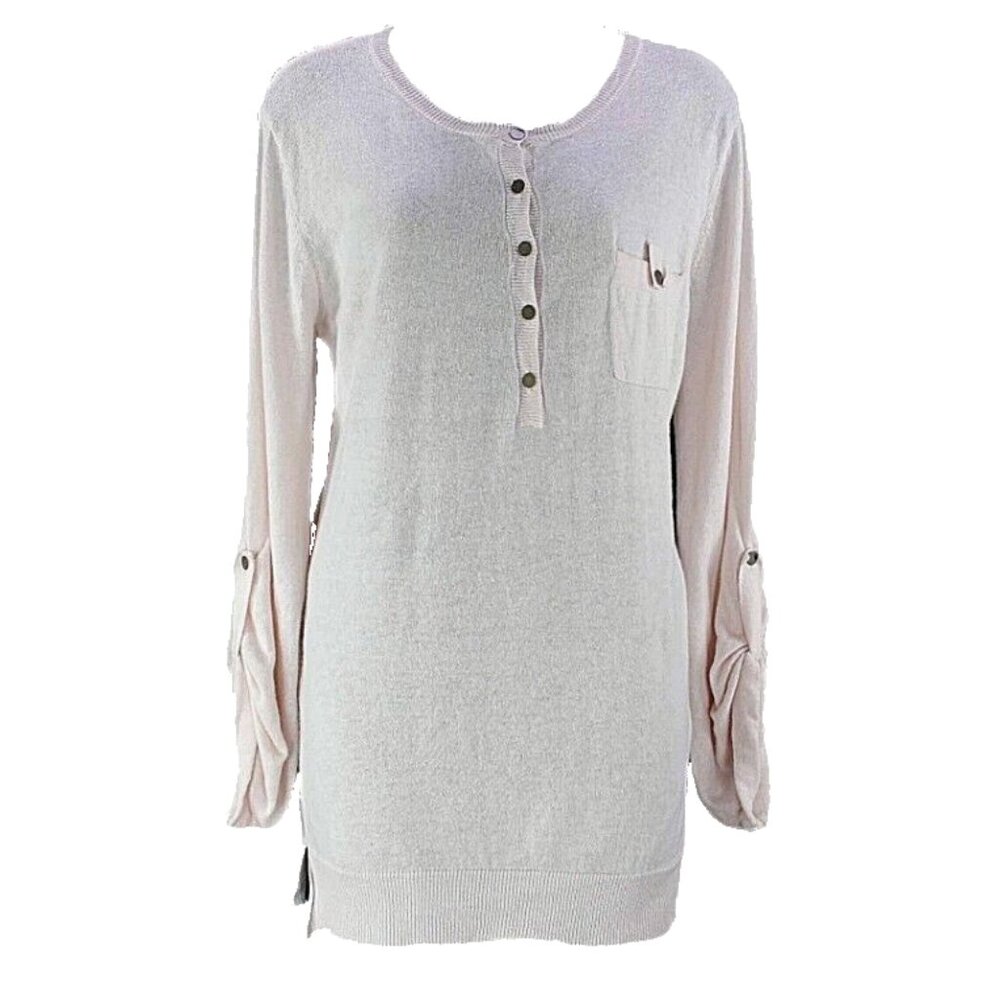 Axcess Sz L Pink Ramie Cotton Tab Sleeve Vent Hem Tunic Sweater